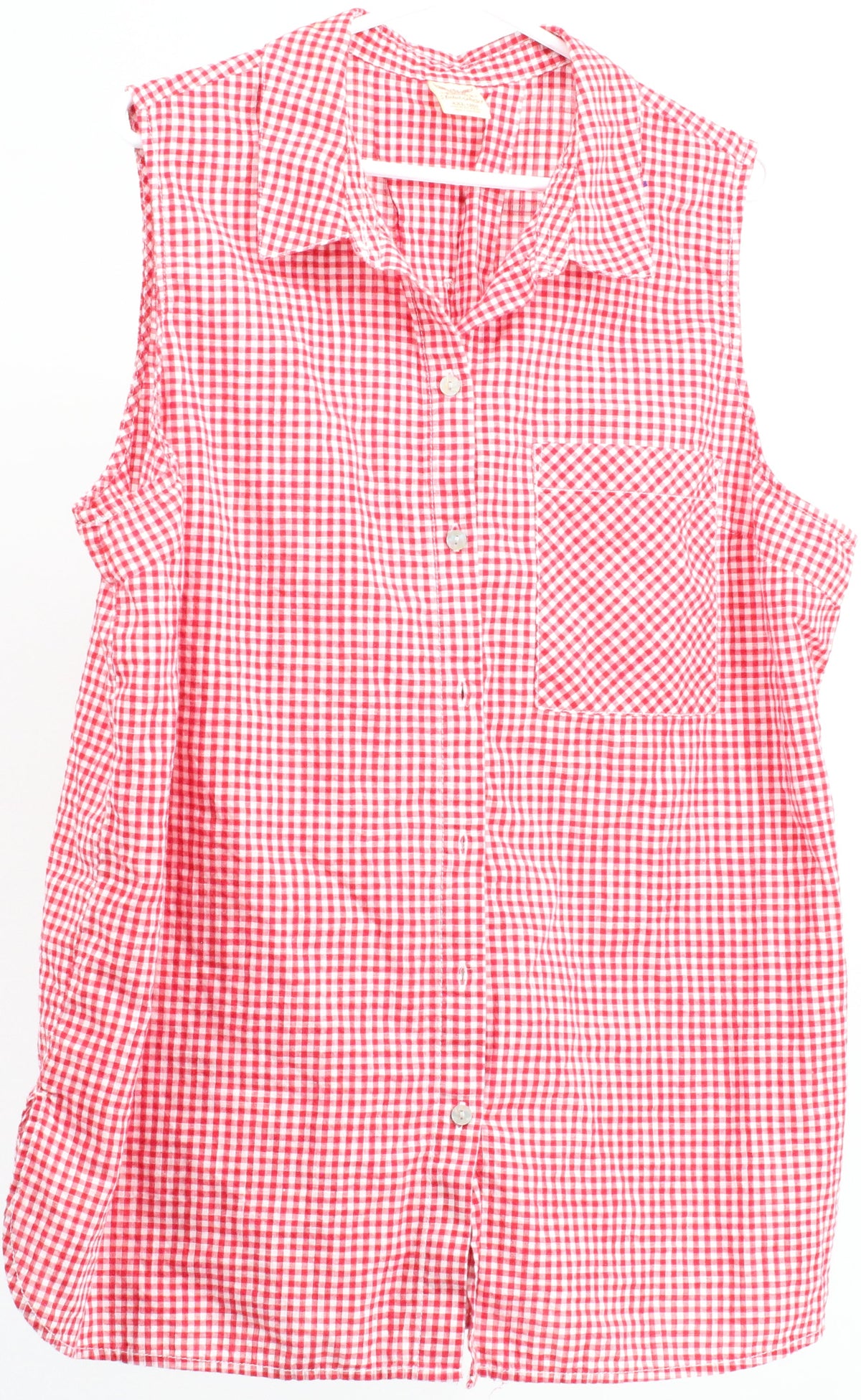 Faded Glory Red & White Check Print Button-Up Sleeveless Top