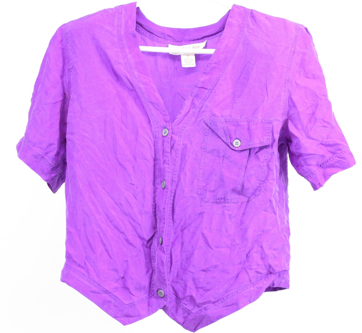 Casual Corner Purple Button-Up Short Sleeve Silk Blouse With Shoulder Pads