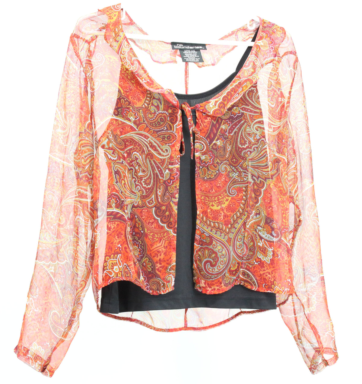 No Boundries Orange Paisley Print Attached Cami Front Tie Cardigan Top