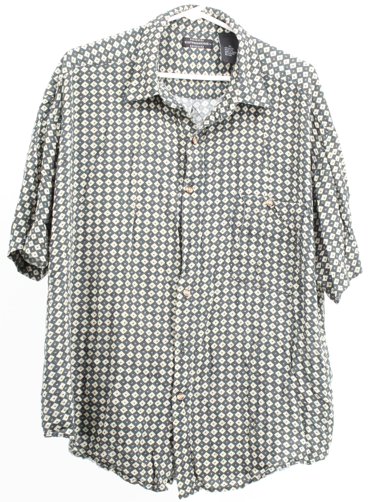 Expressions Green & Beige Printed Button Up Short Sleeve Shirt