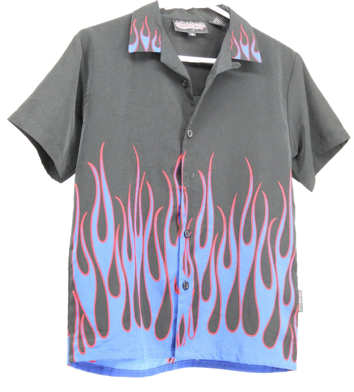 Sapphire Lounge Black Blue Fire Print Button-Up Top