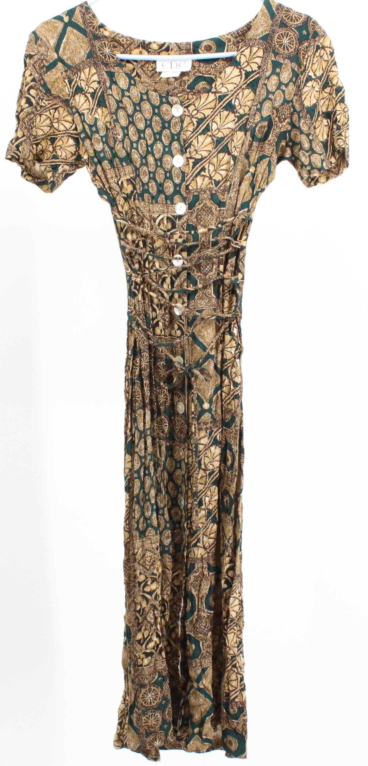 CDC Green & Beige Geometric Print Front Botton-Up Long Dress