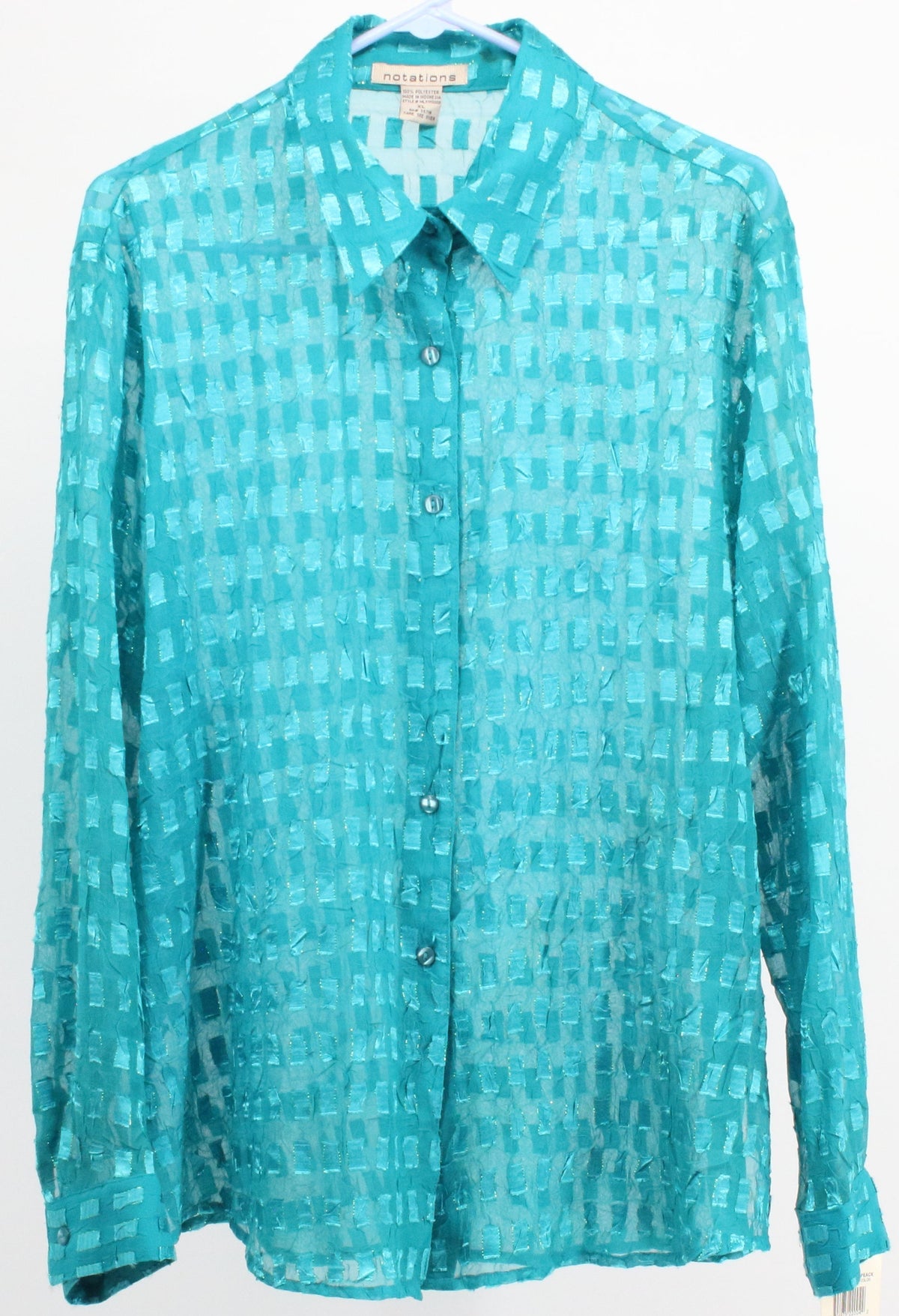 Notations Blue See Through Geometric Print Long Sleeve Blouse