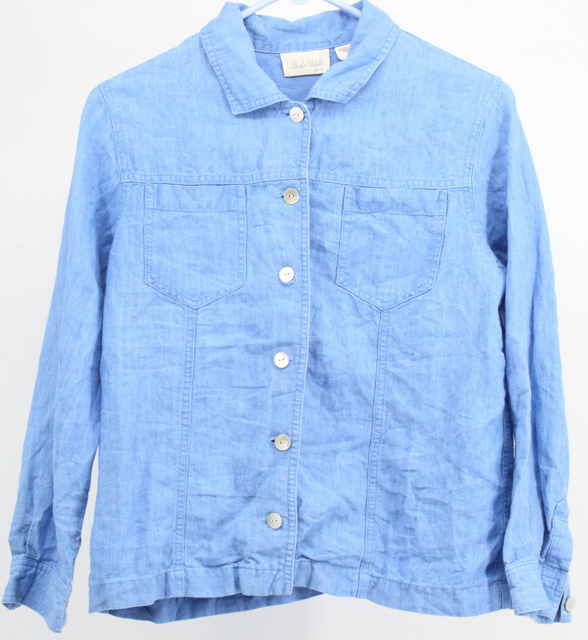 Studio Works Blue Linen Plane Long Sleeve Blouse