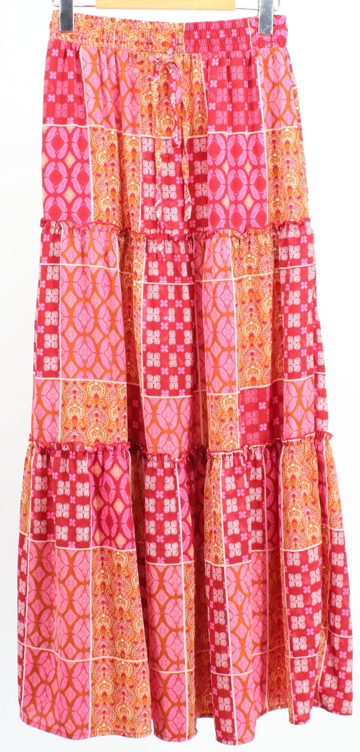 Pink Patchwork Print Tired Elastic Waist Skirt