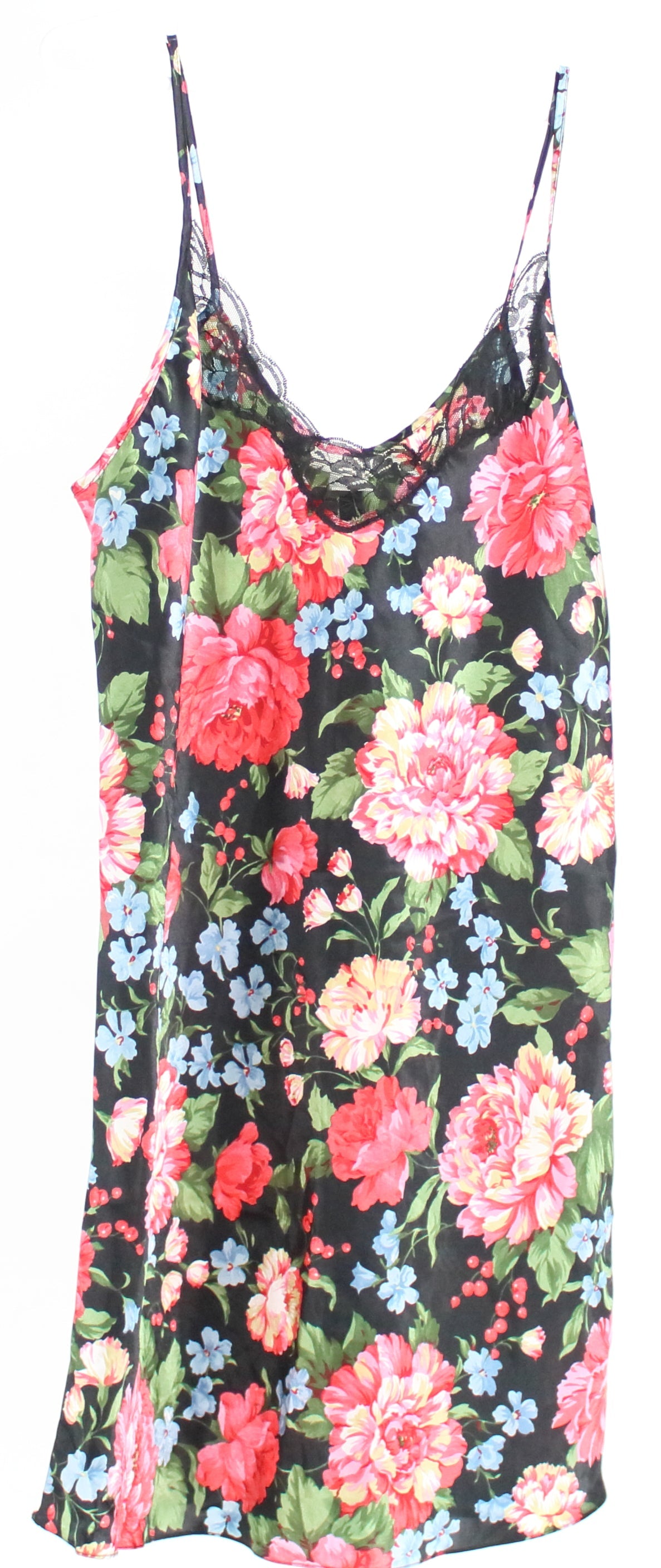 Mysticue Black Floral Print Satin & Lace Slip Dress