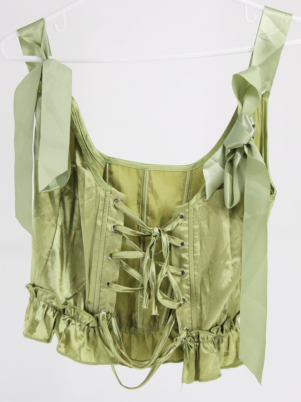 Green Lace Sleeve Frill Satin Corset Top