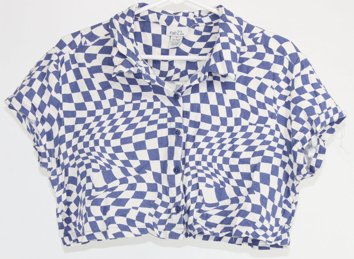 Rue 21 Blue & White Check Print Button-Up Cropped Top