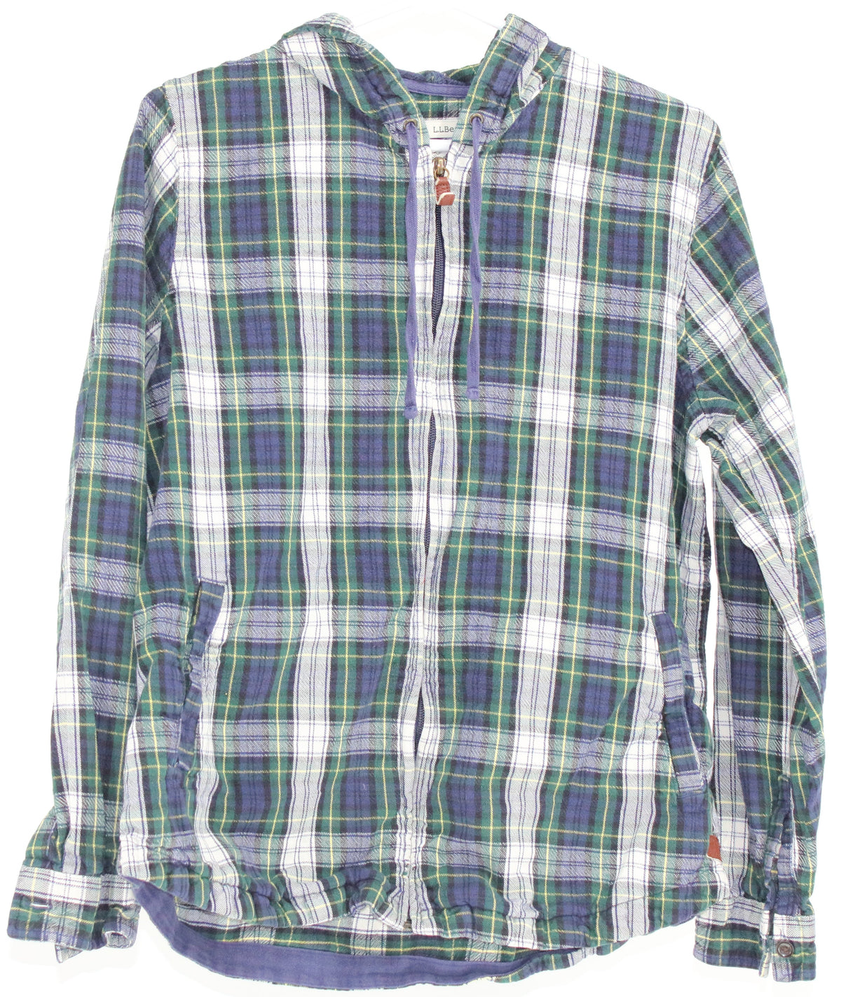 L.L Bean Relaxed Fit Blue Green & White Plaid Print Hooded Jacket