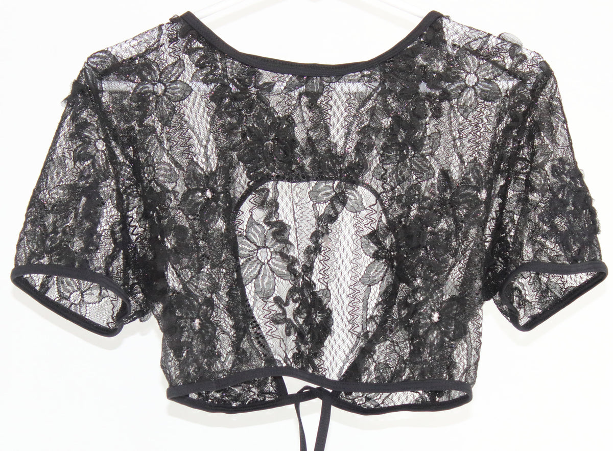 Black Floral Net Pattern Back Tie Sheer Top