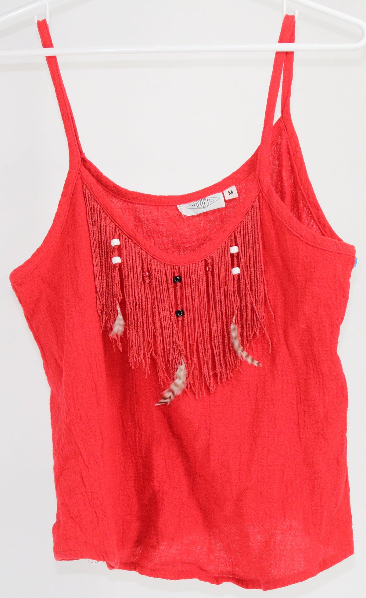 Trrific Red Front Fringe Feather & Beads Top