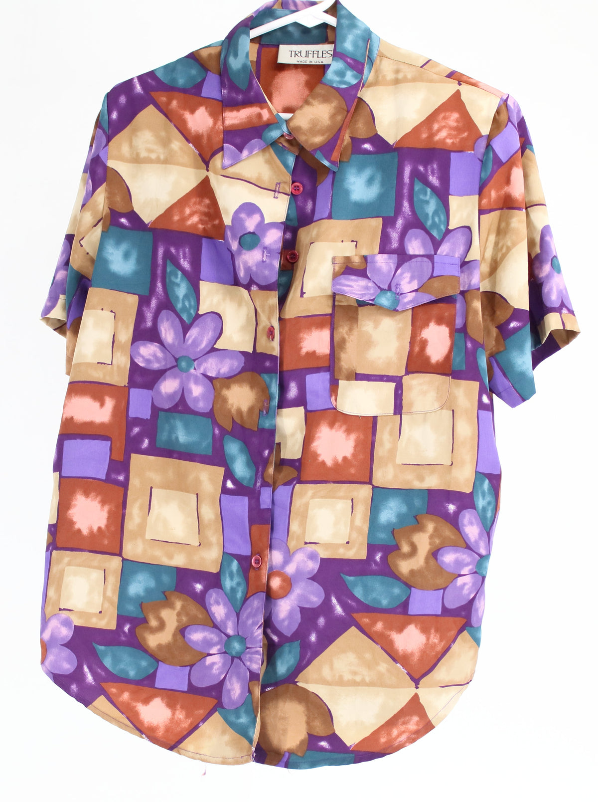 Truffles Purple & Beige Printed Short Sleeve Shirt With Shoulder Pads