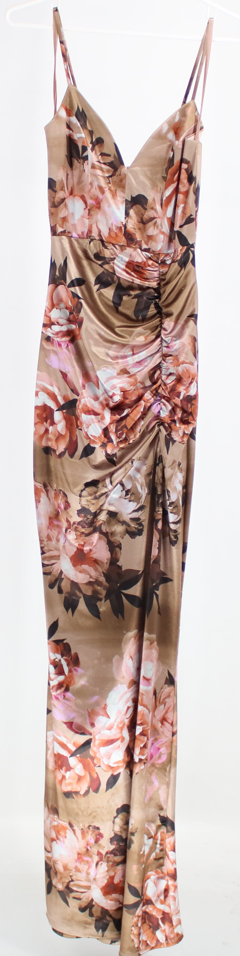 Windsor Brown Floral Print Side Slit Long Satin Dress