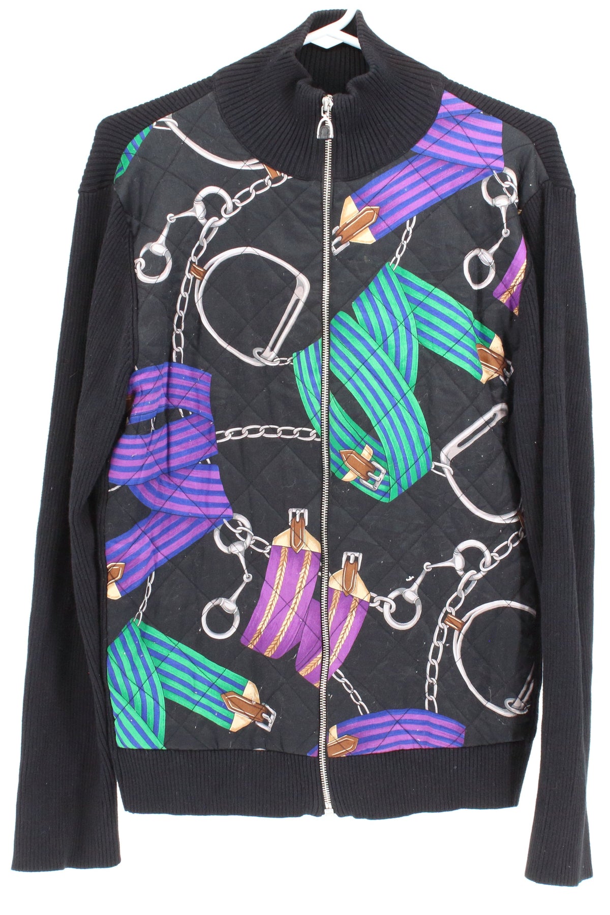 Lauren Ralph Lauren Black Chain Graphic Zip Up Knit Jacket