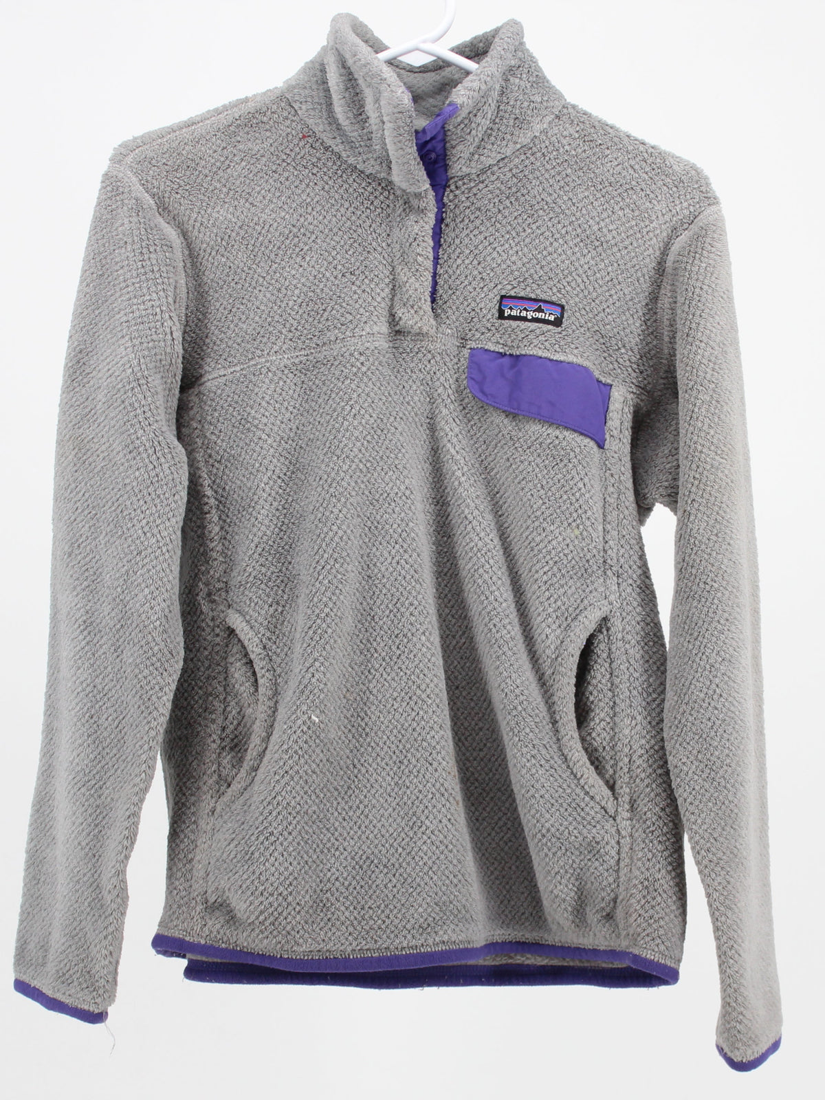 Patagonia Grey Fleece pullover with purple piping