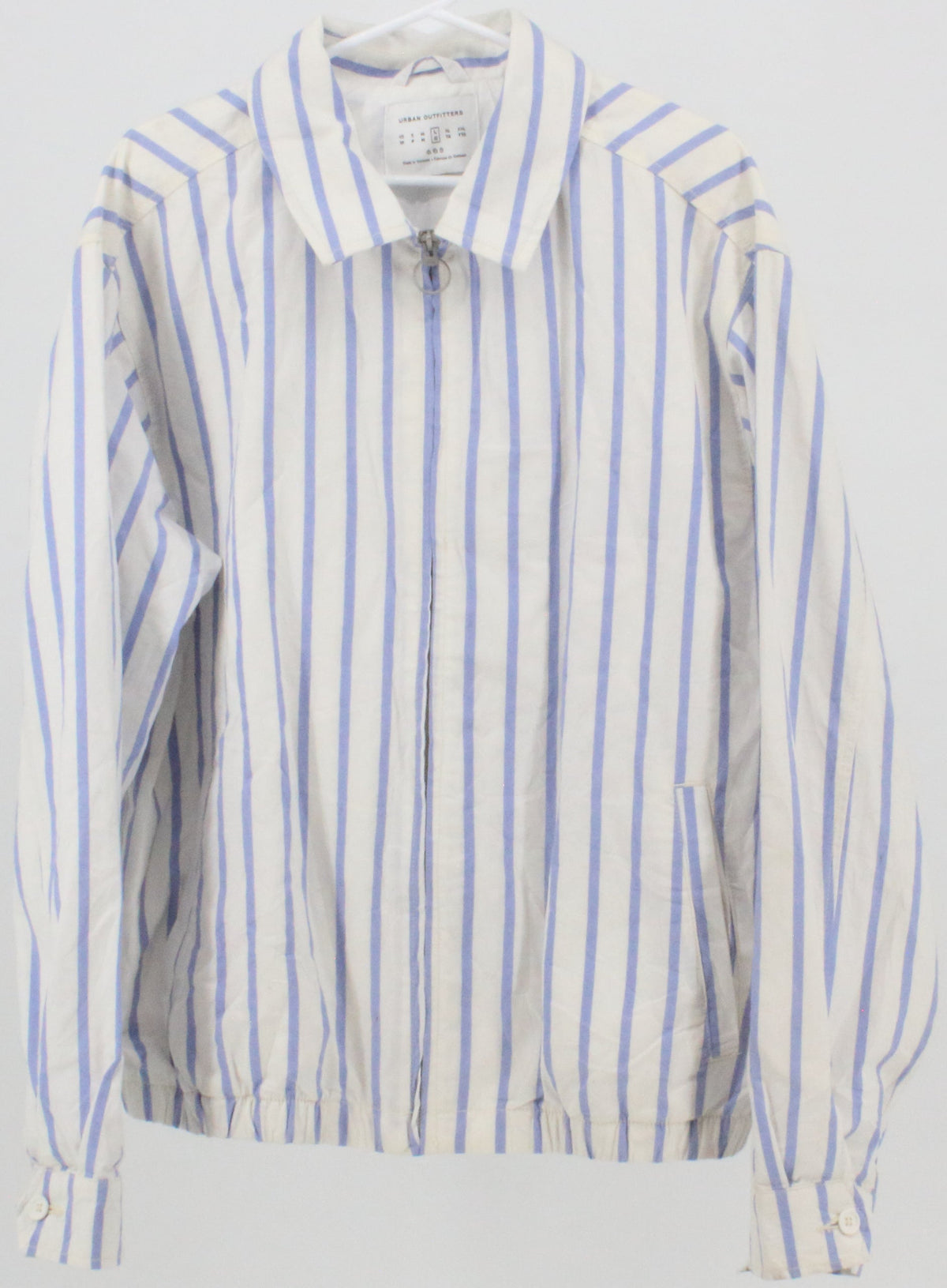 Urban Outfitters White and Blue Striped Bomber Jacket