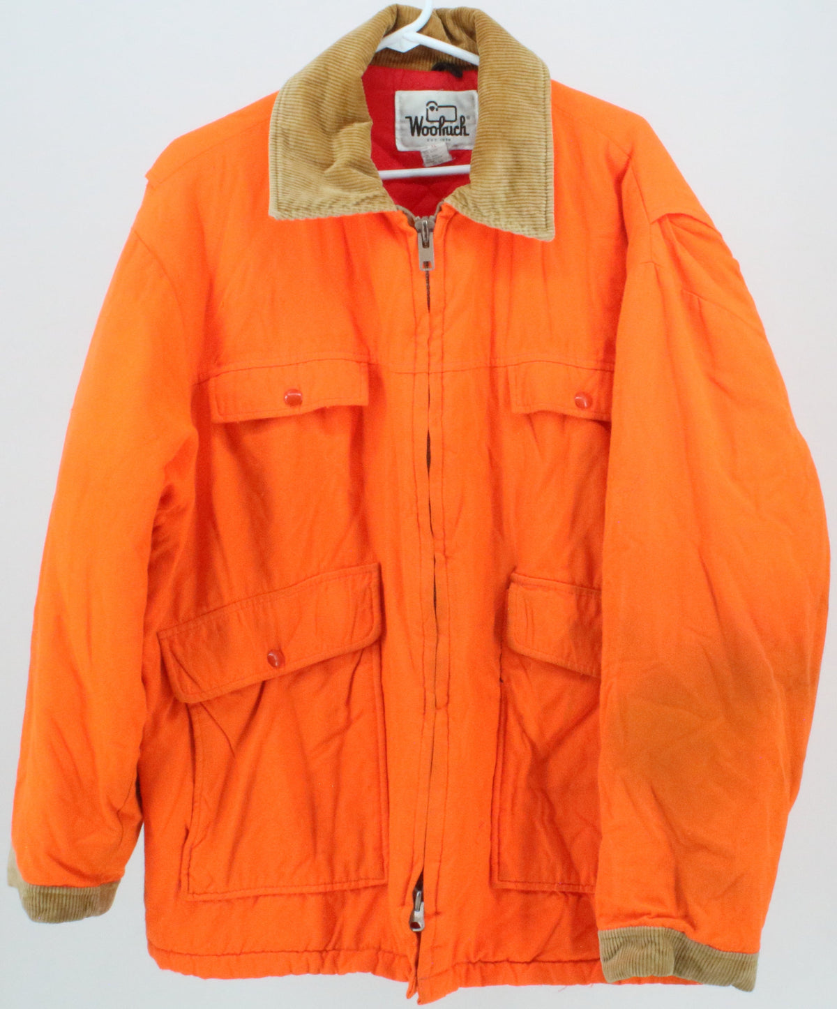 Woolrich Orange Parka With Beige Corduroy Cuffs and Collar
