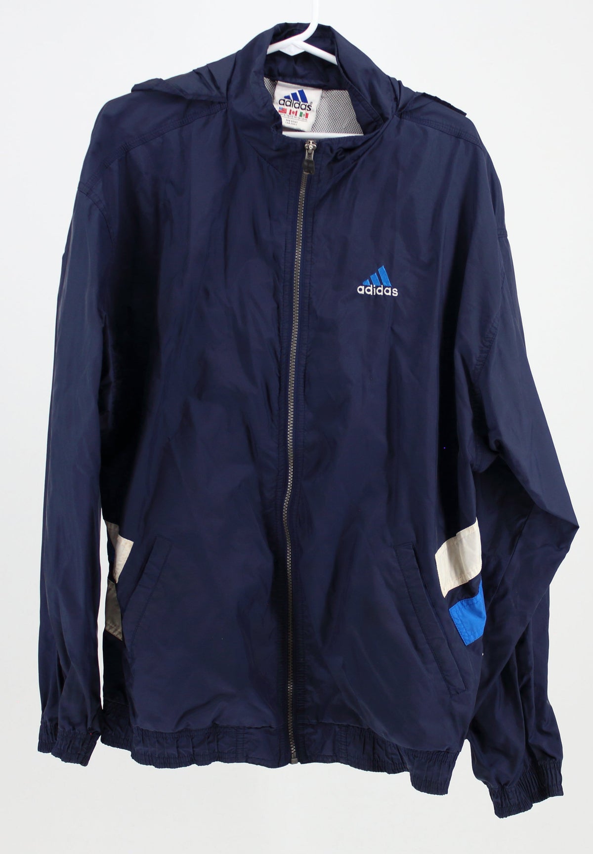 Adidas Hooded Nylon Navy Windbreaker with Blue and White Logo
