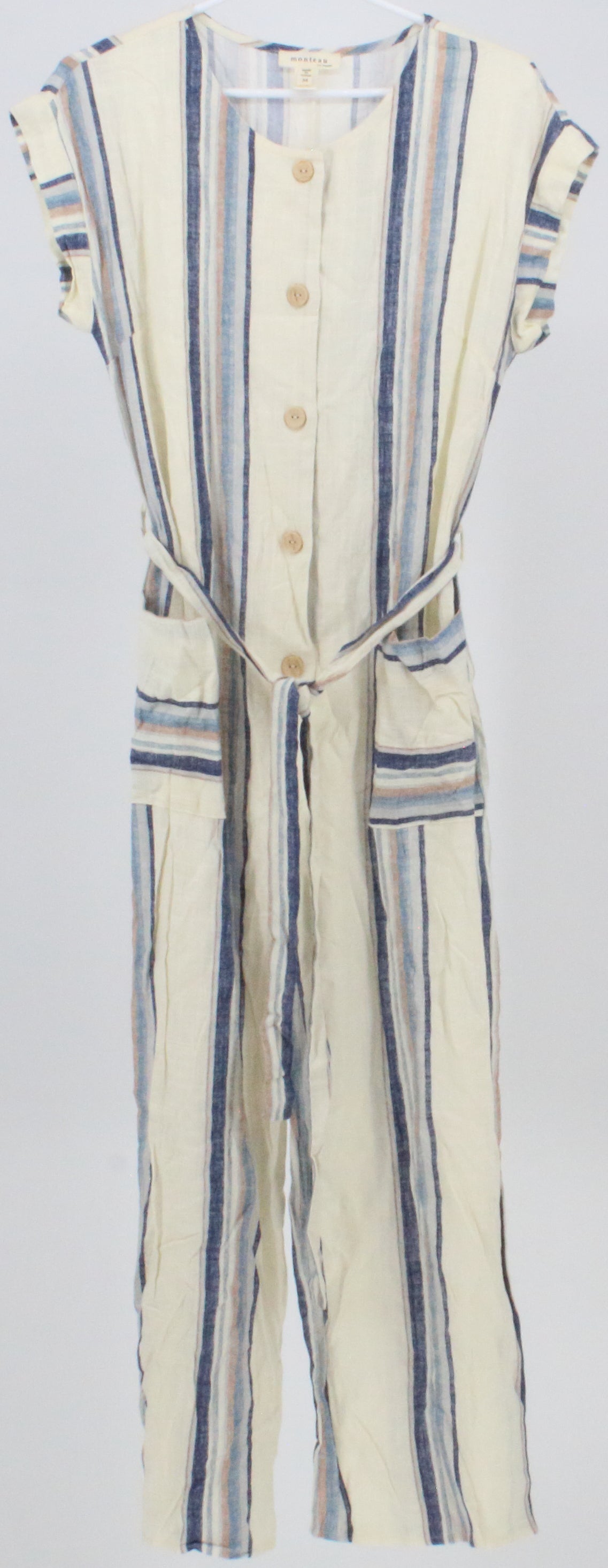 Monteau Off White and Blue Striped Linen Jumpsuit