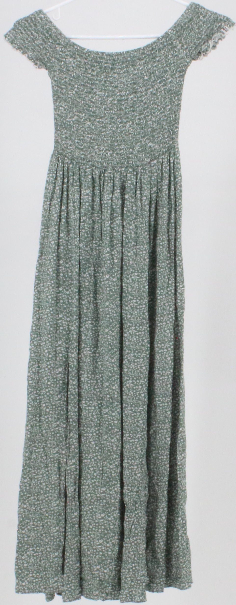 Green and White Flower Print Off Shoulder Long Dress