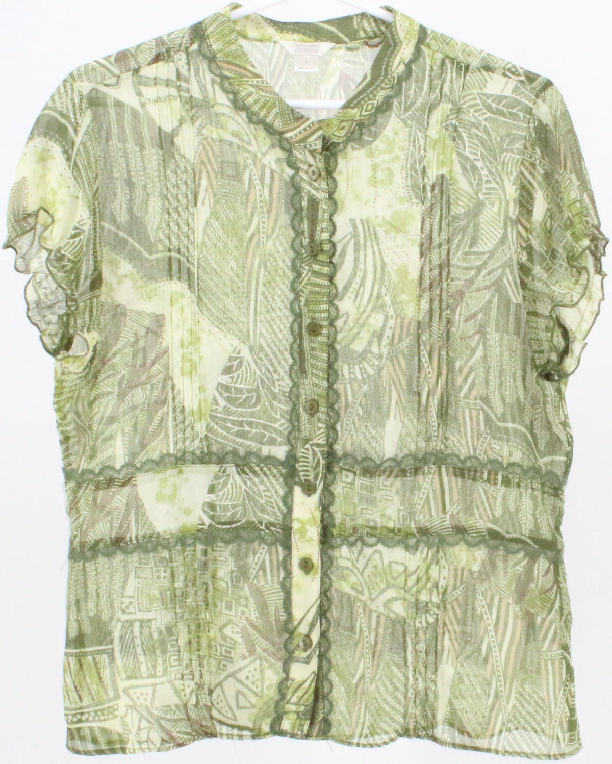 Christopher & Banks Green Print Short Sleeve Blouse
