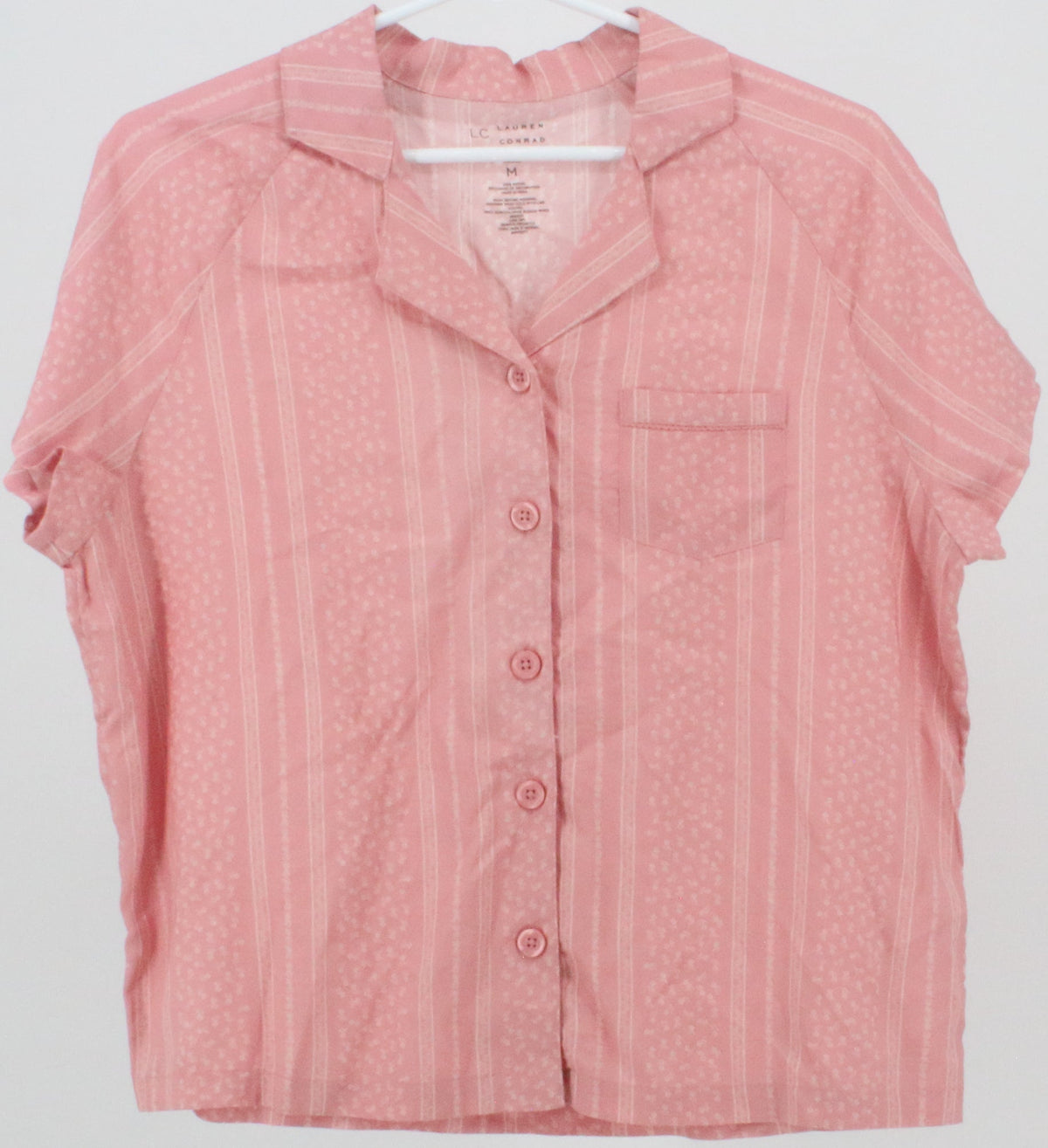 Lauran Conrad Pink Print Striped Short Sleeve Cropped Blouse