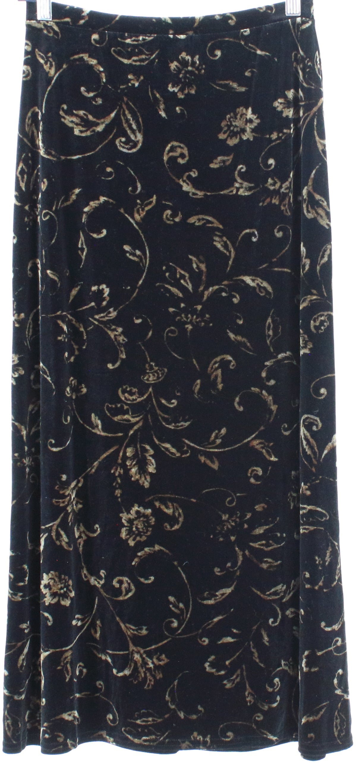 Kathie Lee Collection Black and Gold Print Velvet Long Skirt