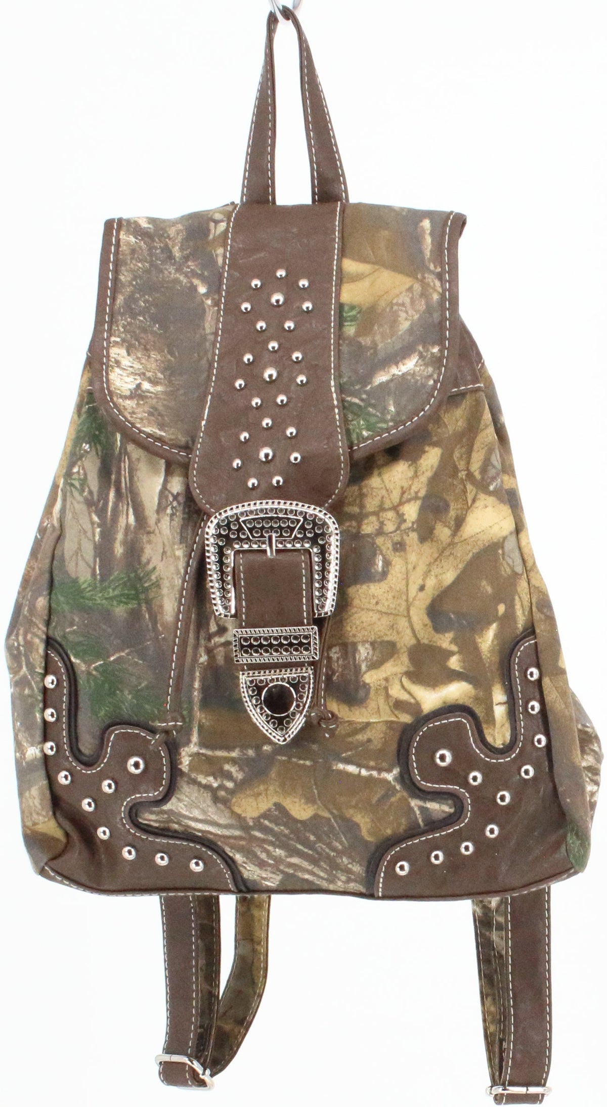 Brown Print Backpack With Metal Buckle Closure