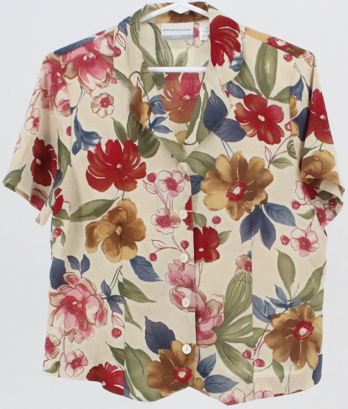 Alfred Dunner Petite Beige and Multicolor Flower Print Short Sleeve Blouse