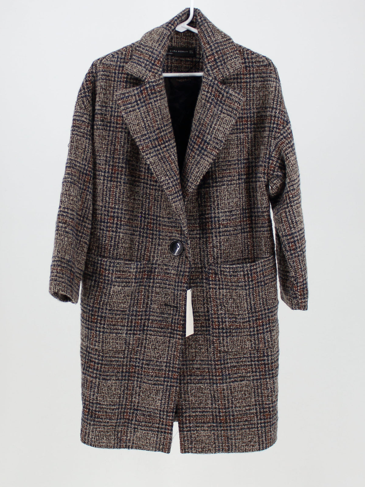 Zara brown and navy check pattern wool coat