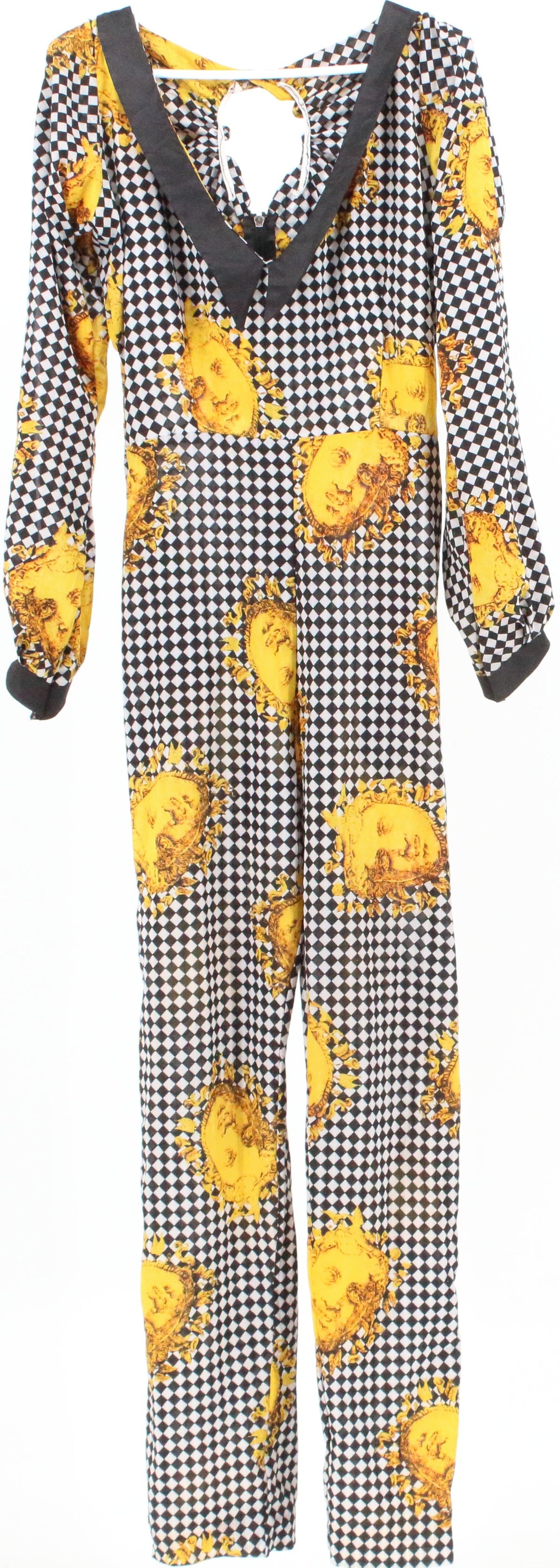 Black White and Yellow Print Open Sleeves Jumpsuit