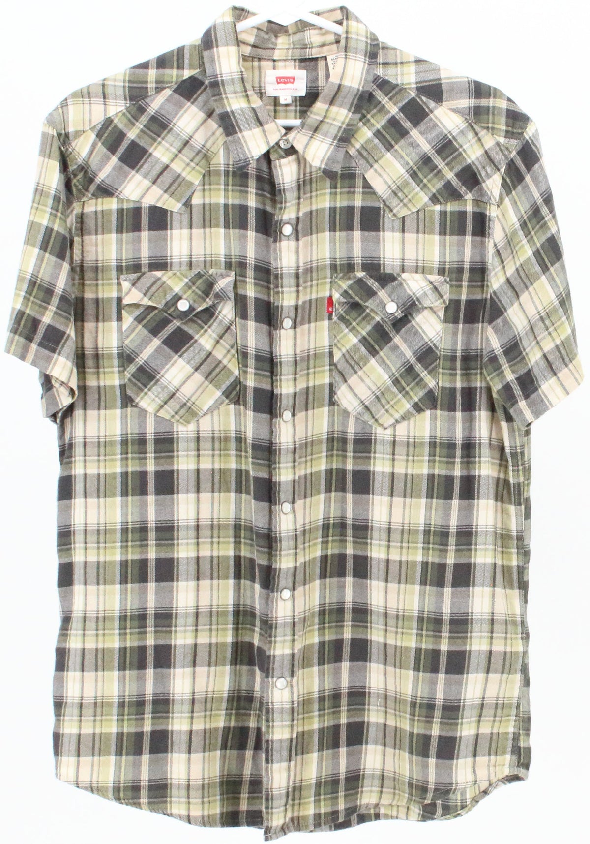 Levis Grey Green and Beige Plaid Flannel Short Sleeve Shirt