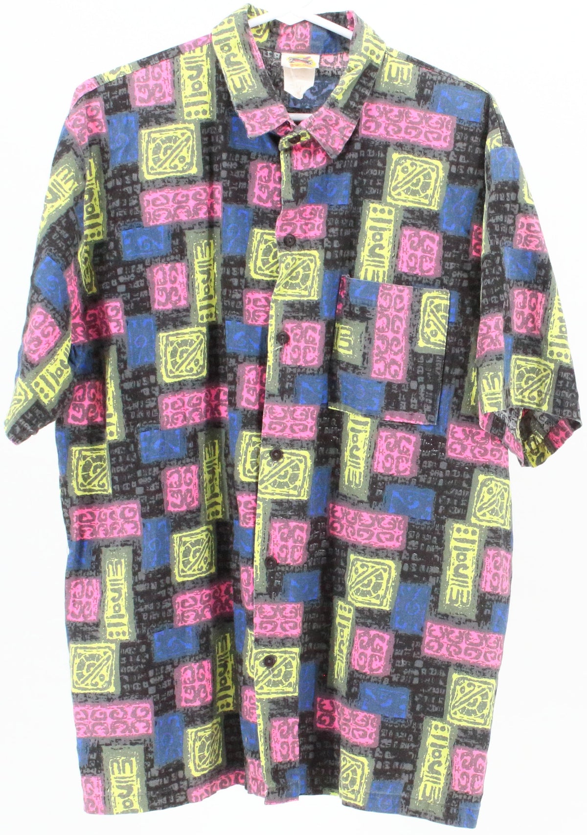 Pacific Pier Black Yellow Pink and Blue Print Short Sleeve Shirt