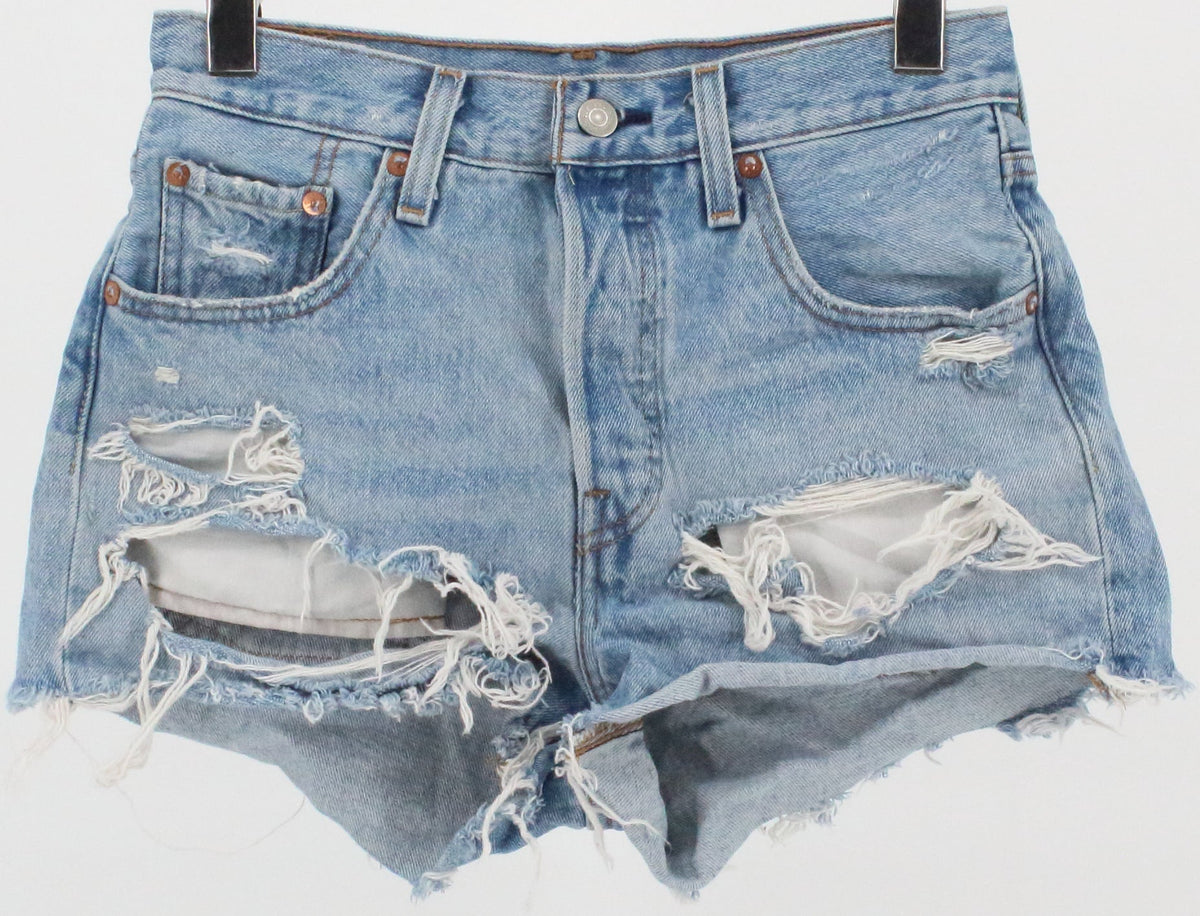 Levis 501 Distressed Blue Wash Mini Denim Shorts