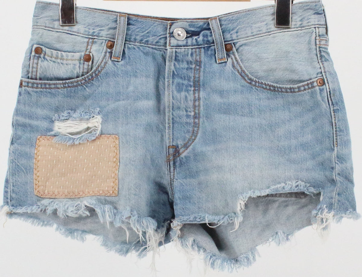 Levis 501 Front Patch Blue Wash Mini Denim Shorts