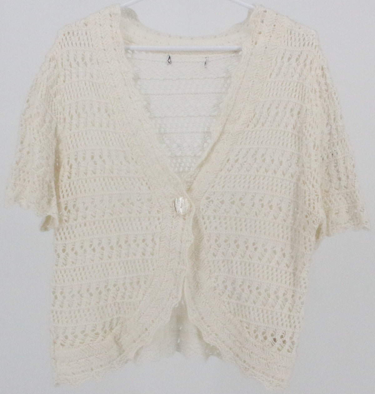 Off White Front Single Button Short Sleeve Crochet Top