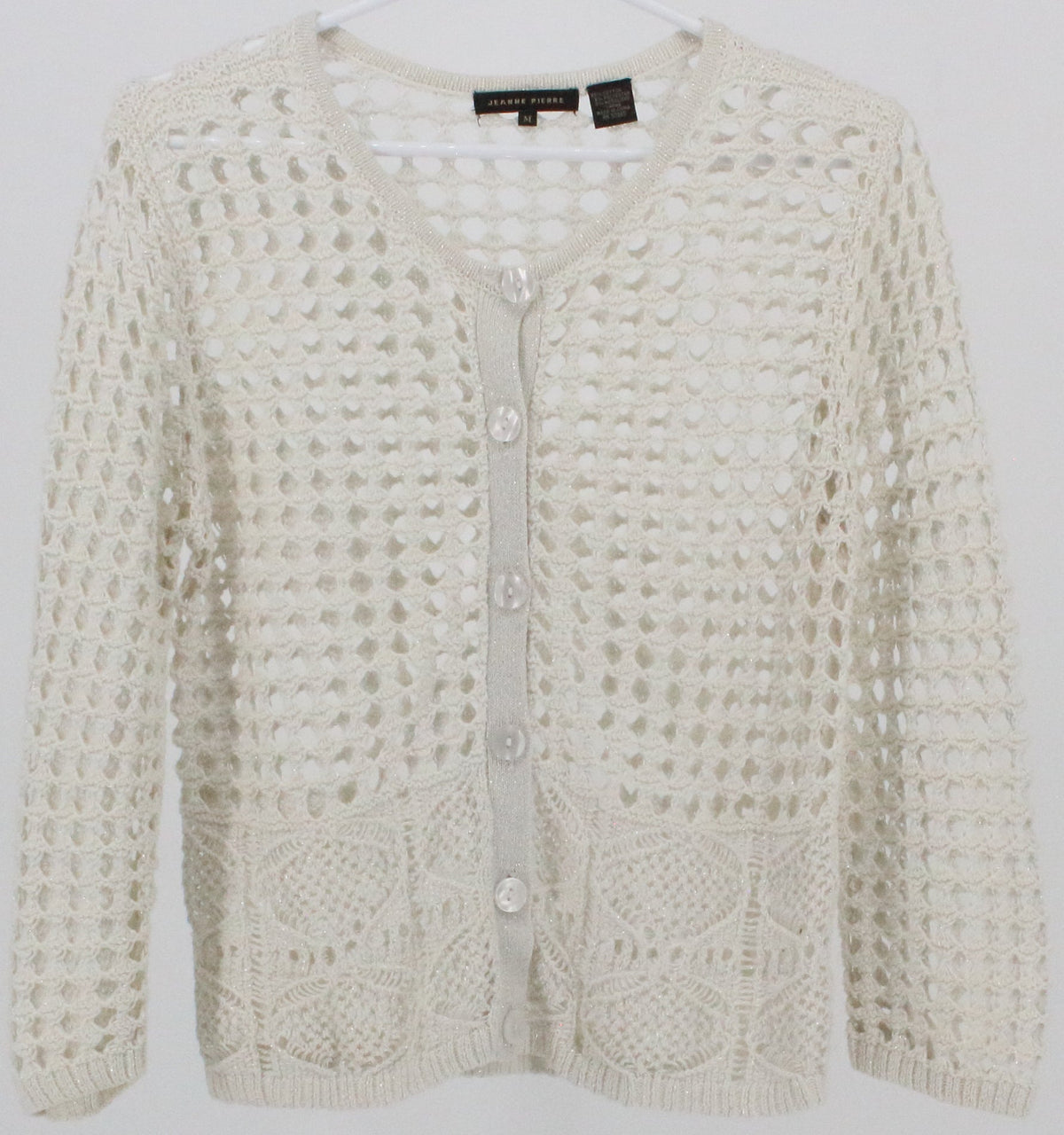 Jeanne Pierre Off White With Silver Lurex Crochet Cardigan