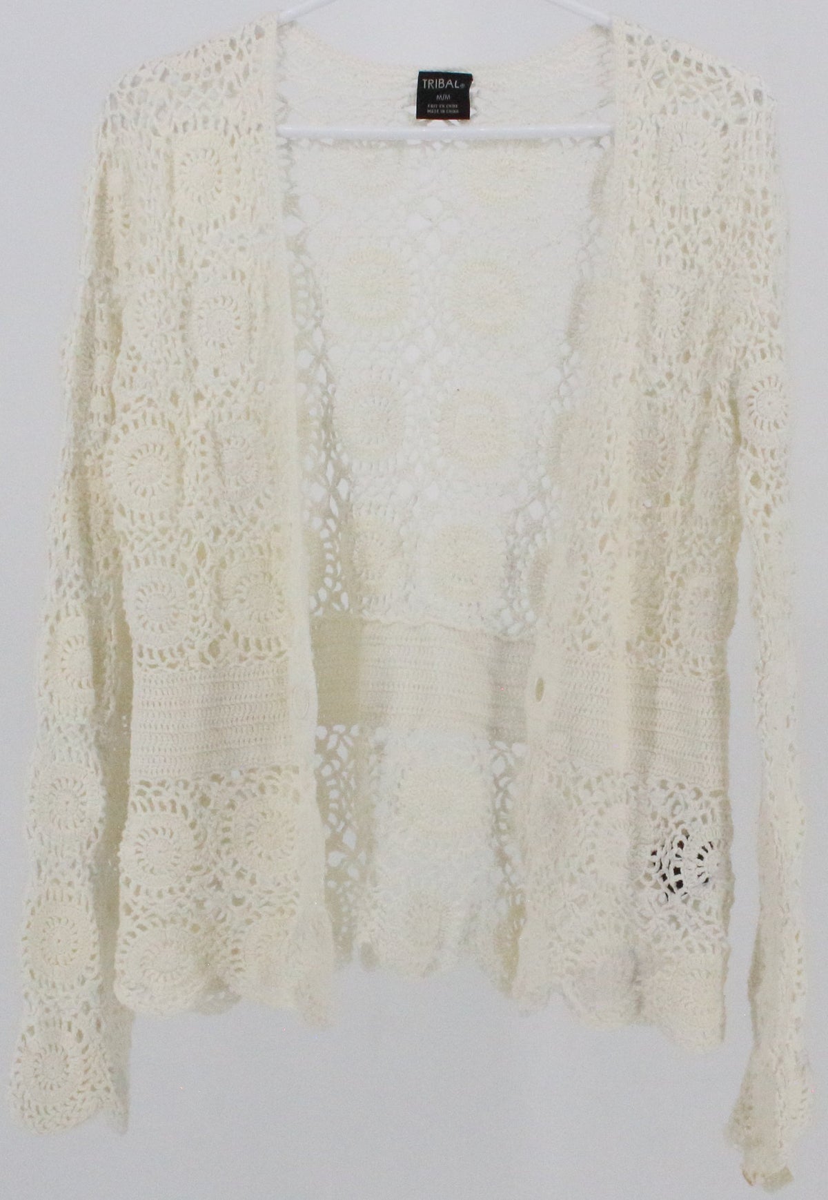 Tribal Off White Open Front Crochet Cardigan