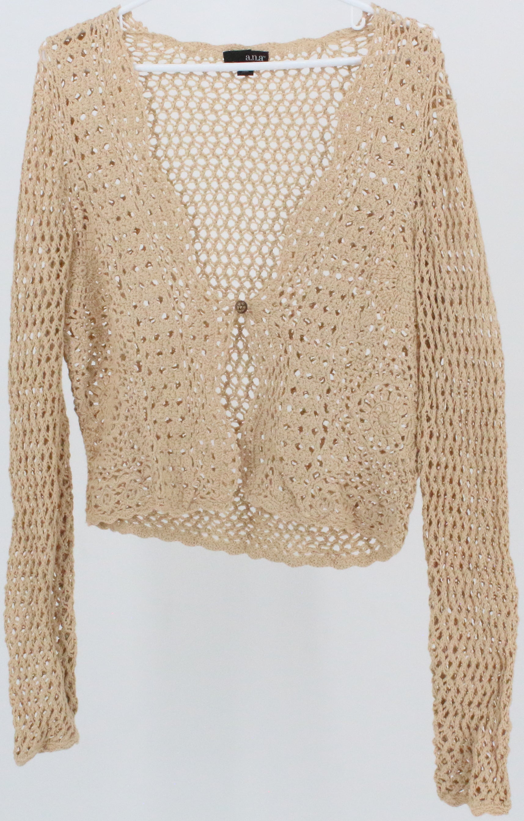 a.n.a Beige Single Front Button Crochet Cardigan