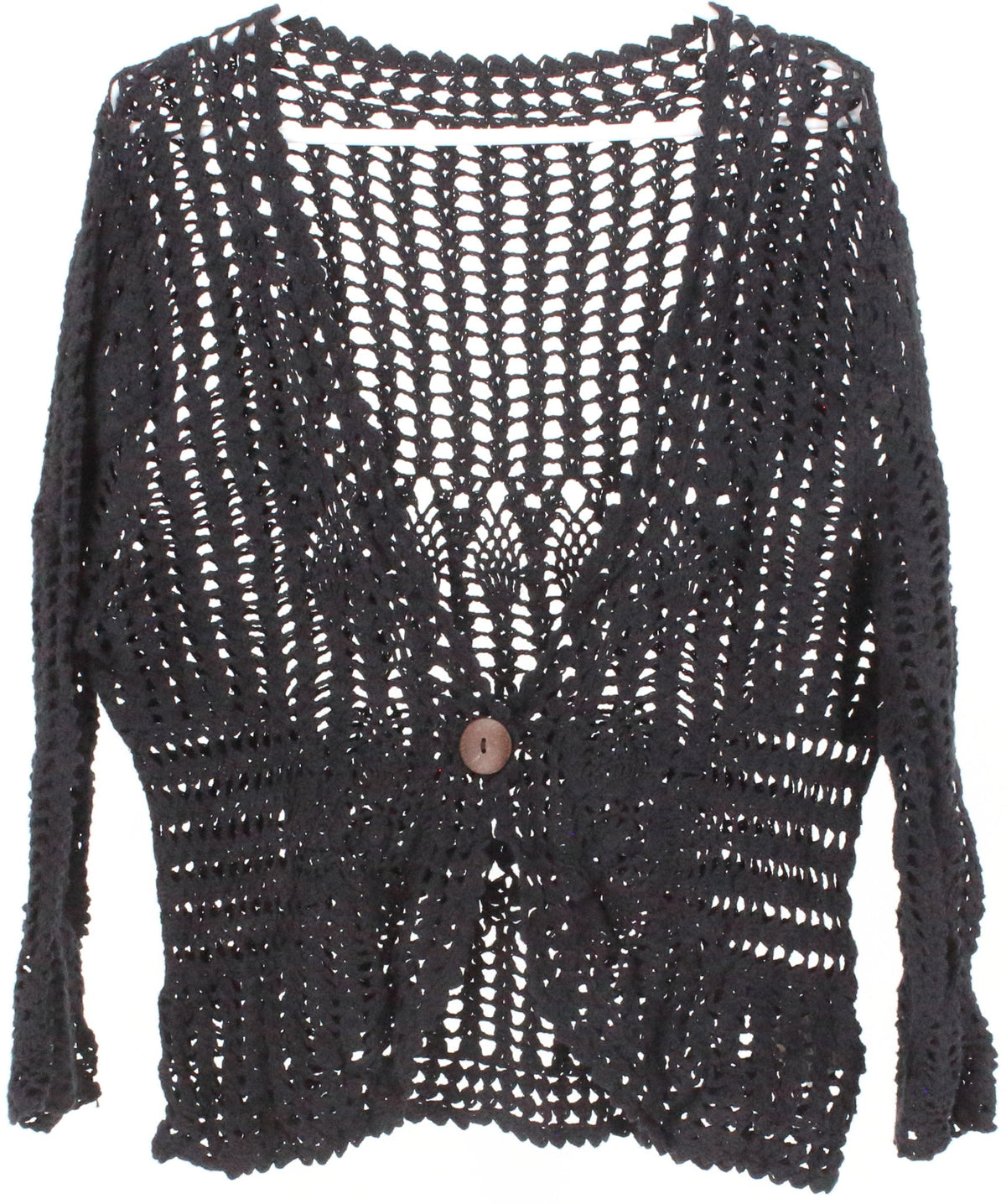 Black Front Single Button Crochet Cardigan