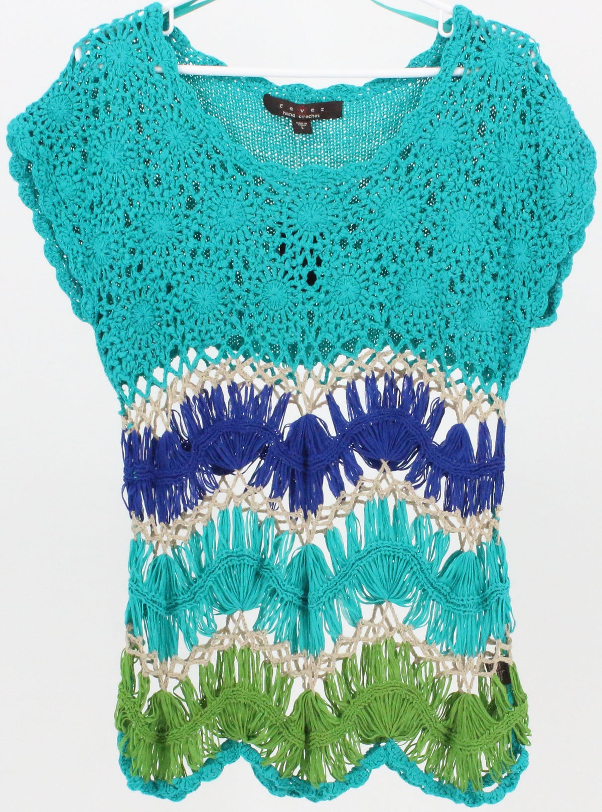 Fever Hand Crocheted Turquoise Blue and Green Top