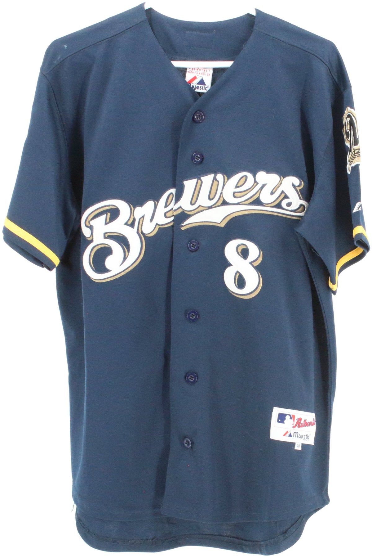 Majestic Brewers 8 Braun Navy Blue Jersey