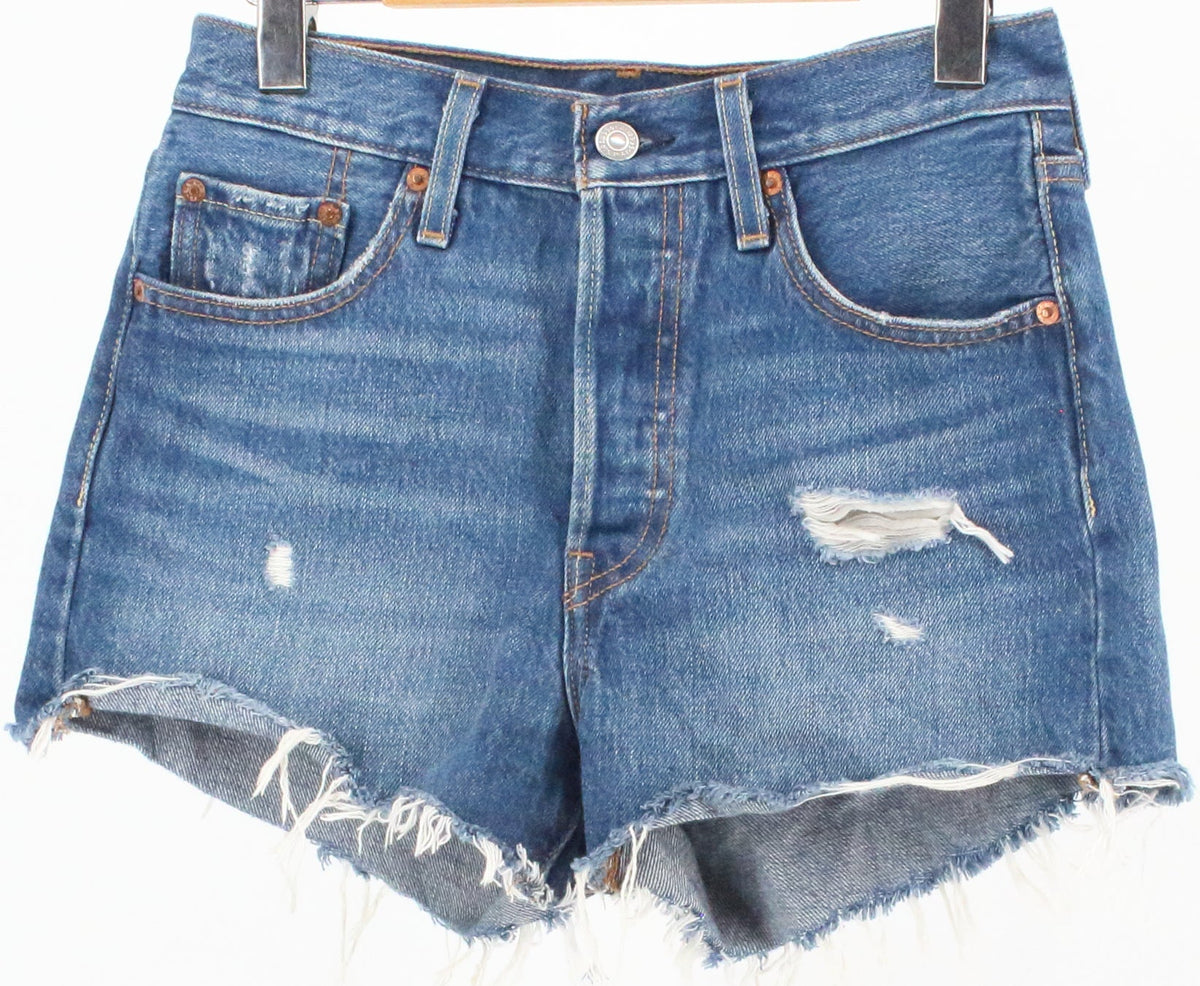 Levis 501 Dark Blue Wash Distressed Mini Denim Shorts