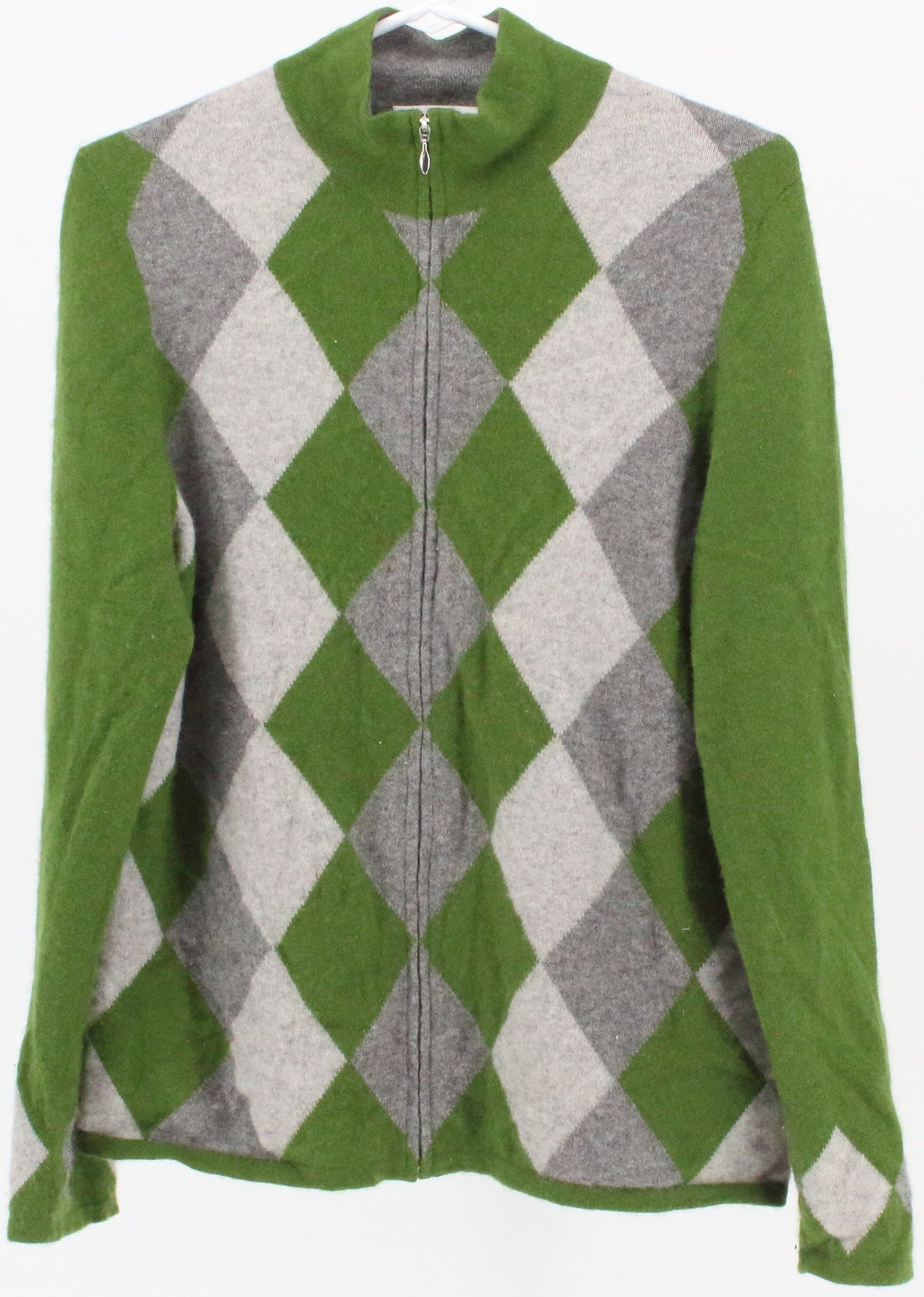 Charter Club Green and Grey Front Zip Cashmere Sweater