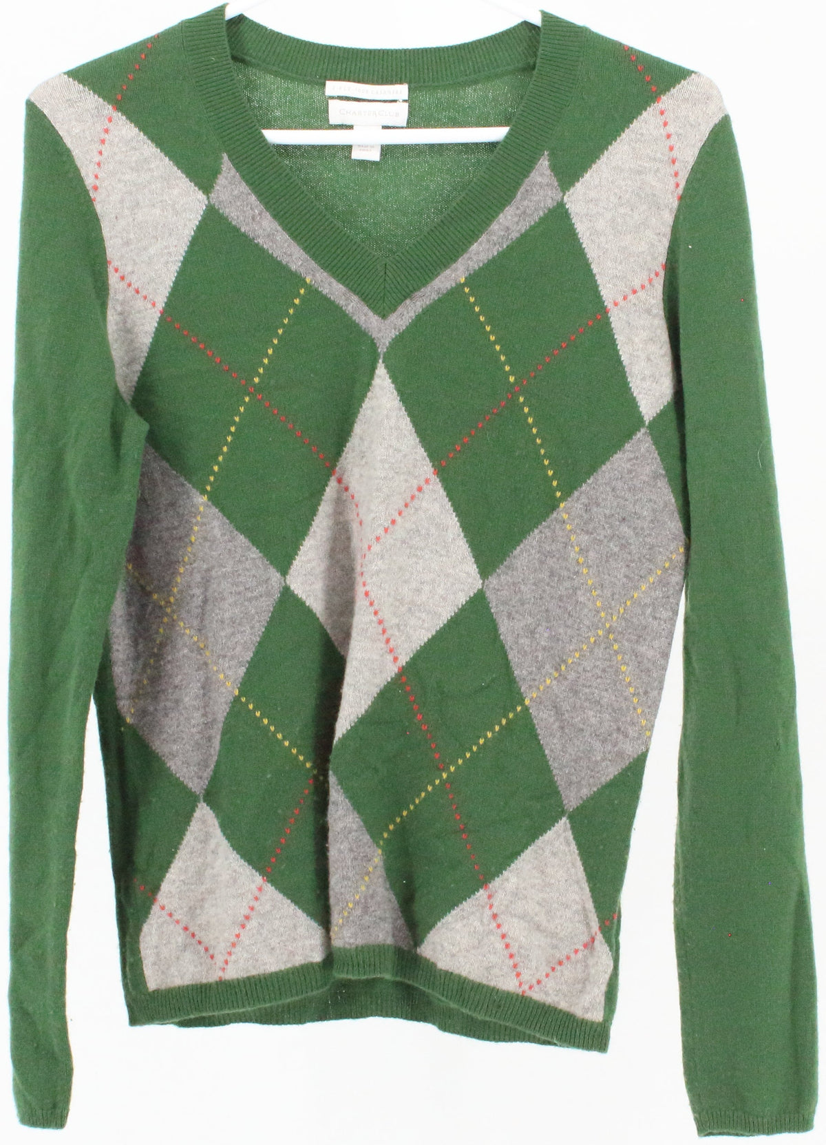 Charter Club Green and Grey V Neck Cashmere Sweater