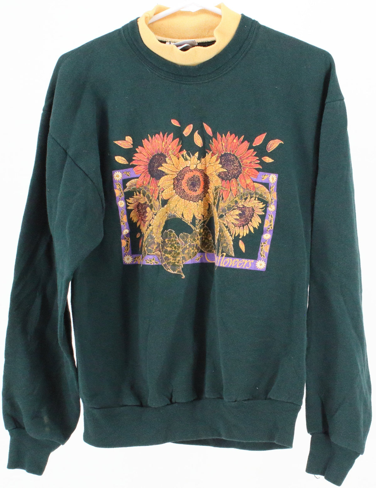 Morning Sun Sunflowers Dark Green Sweatshirt With Yellow Collar