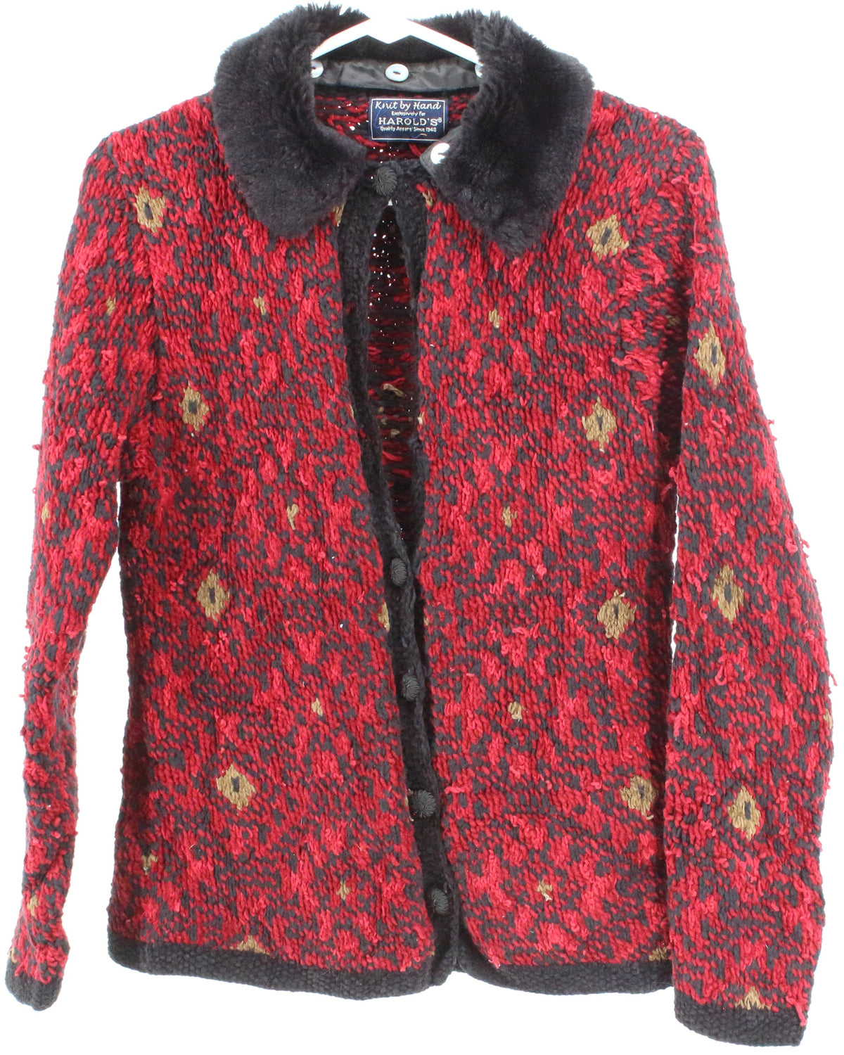 Harold's Red Cardigan Sweater With Black Collar