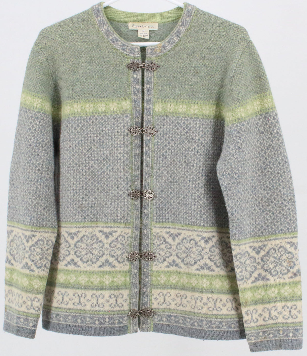 Susan Bristol Green Blue and Off White Cardigan Sweater