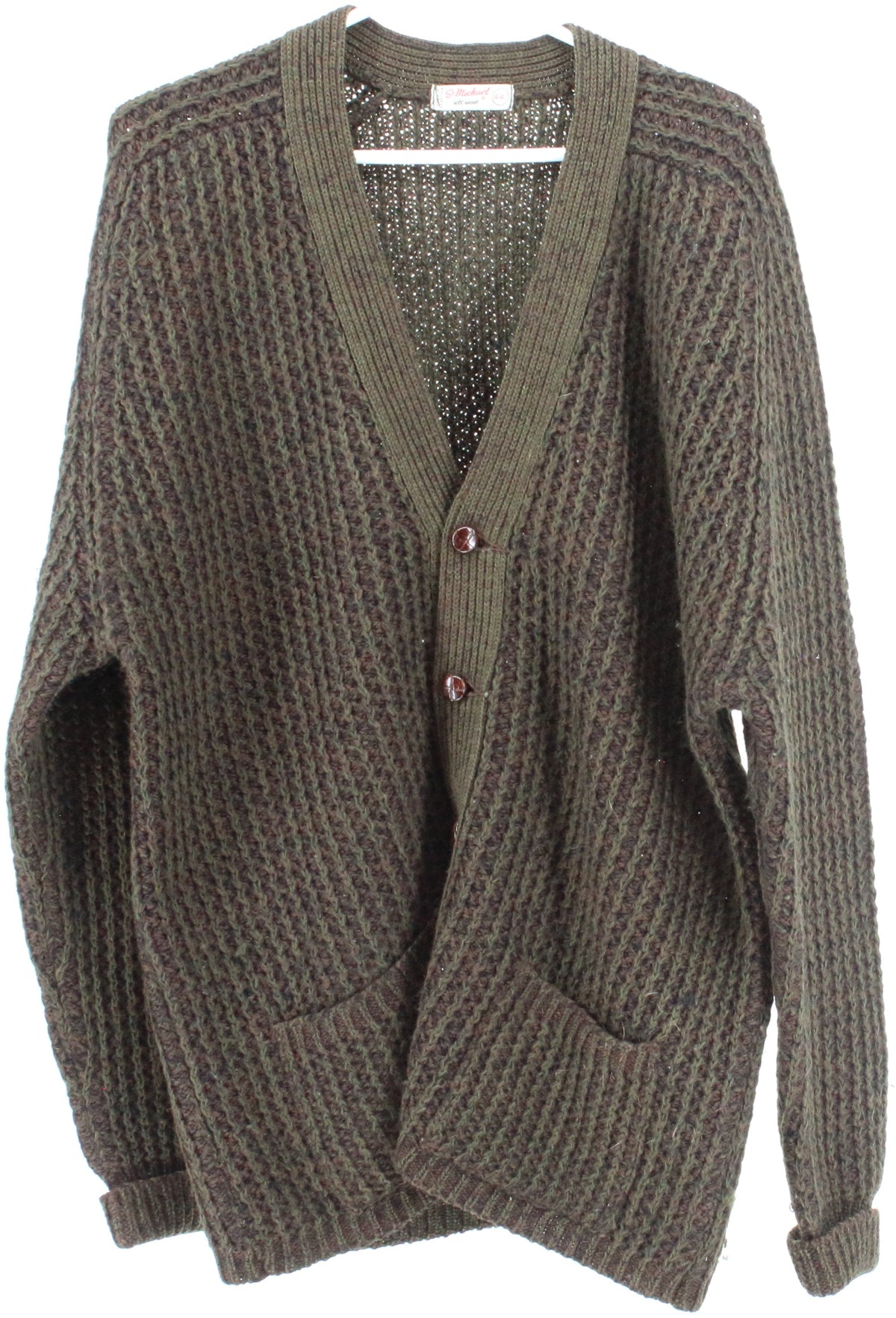 St Michael Green and Brown Wool Cardigan Sweater