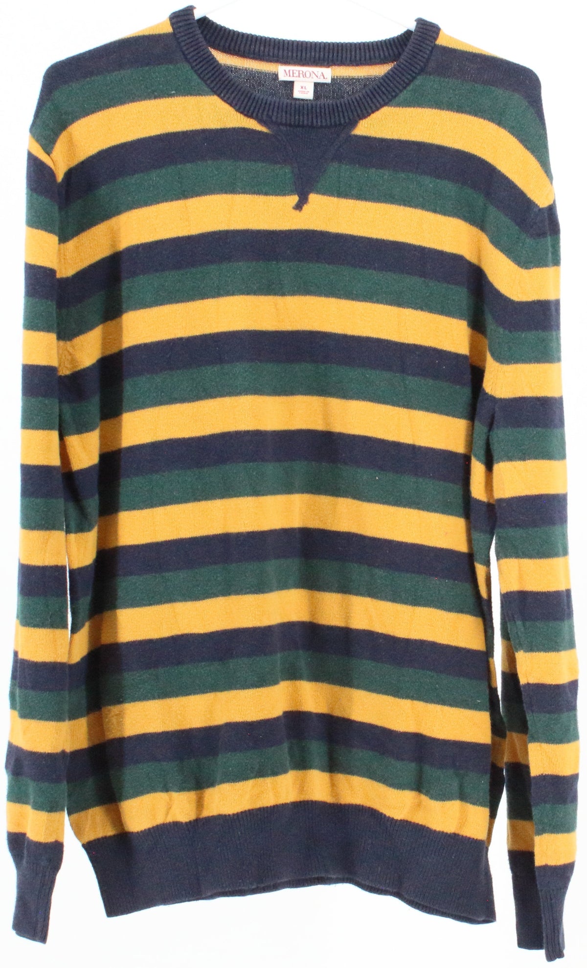 Merona Navy Blue Green and Yellow Striped Sweater